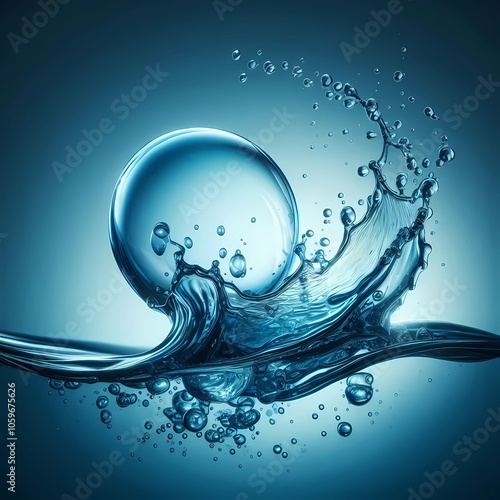 water splash drop blue liquid bubble whit lights green, created with A.I generative 