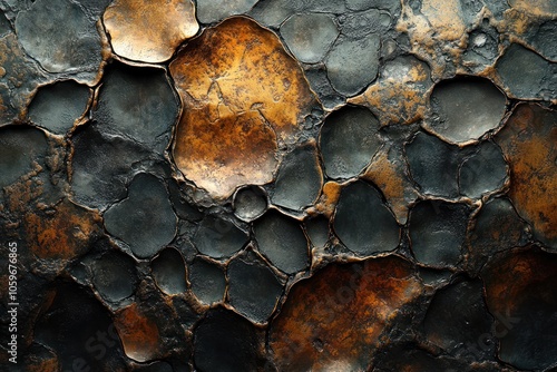 Close-up of a textured metallic surface with a mix of dark grey and copper tones. The surface is uneven and has a rough, almost bubbly texture.