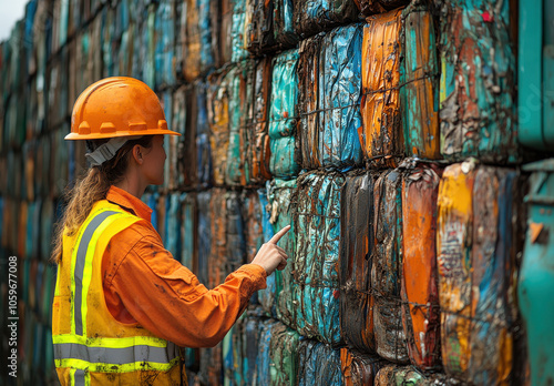 Worker inspecting stacked recycled materials in an industrial setting photo