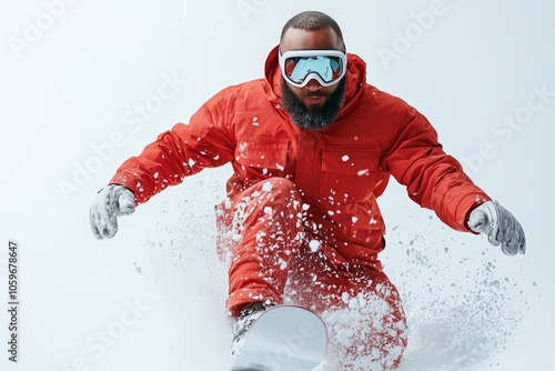 A snowboarder dressed in a red suit and goggles performs a dynamic move on snow, with snowflakes flying around, showing the thrill of snowboarding. photo