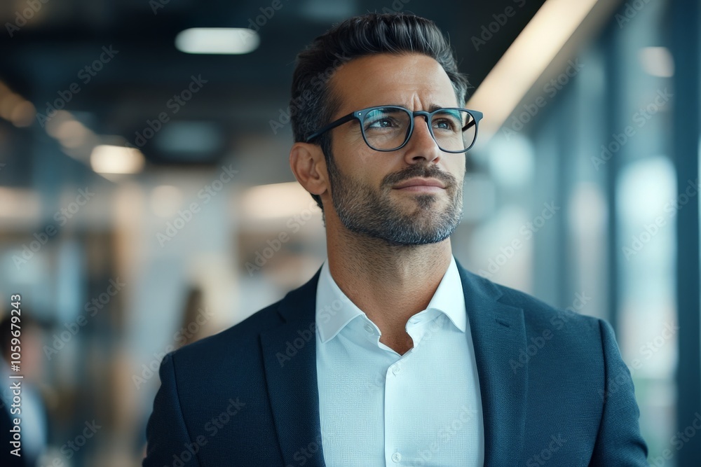 Fototapeta premium A stylish man in a suit and glasses stands in a sleek office environment, embodying professionalism, confidence, and a sense of purpose, looking thoughtfully ahead.