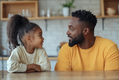 A heartening moment where a father and his daughter share a smile at their cozy home, representing love, support, and positive family interactions. photo