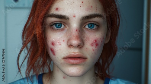 A young woman with red hair stares intently at the camera. Her face is covered in acne, and she appears to be struggling with her skin.