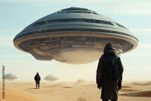 A large unidentified flying object hovers above a vast sandy desert, with a couple of people in the foreground, creating a sense of mystery and awe. photo