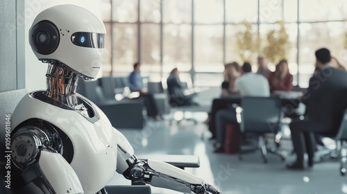 Robot in a modern office waiting area surrounded by a variety of job candidates highlighting AI s presence in workplace settings photo