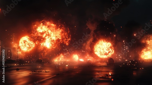 Multiple explosions burst with vivid flames and thick smoke illustrating powerful energy and devastation in a night scene