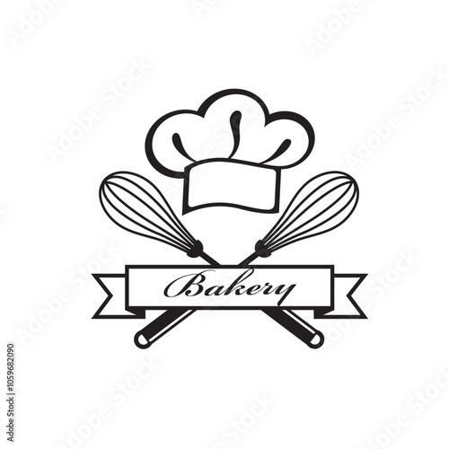 monochrome bakery icon with mixing whisk and hat isolated on white background