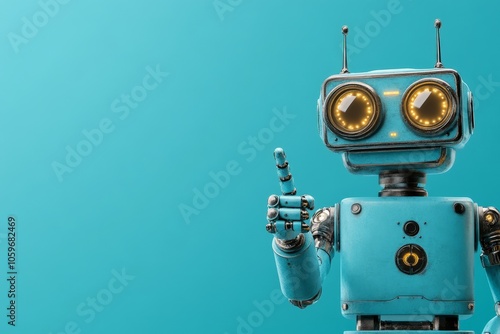 A playful, retro-styled blue robot holding up a finger, with antennae and two expressive, glowing eyes, set against a vibrant turquoise background. photo