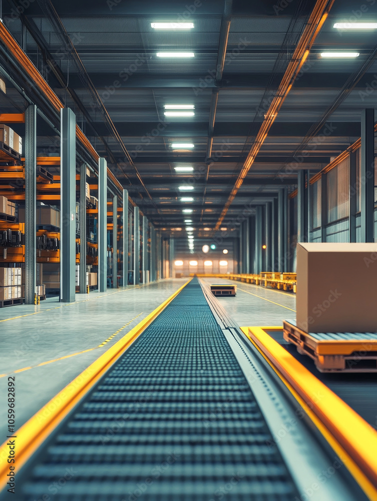 Fototapeta premium modern warehouse featuring advanced digital sorting technology, showcasing spacious interior with conveyor belts and pallets. efficient layout enhances logistics operations