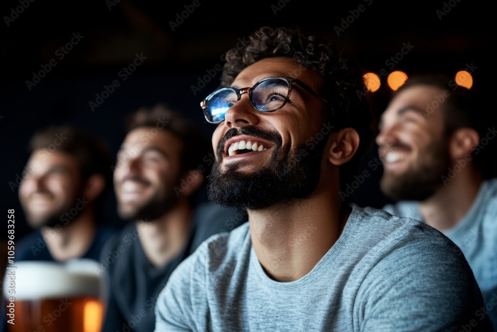 Obraz premium A cheerful group of men focus intently on a screen while enjoying each other's company in a lively bar or pub setting full of energy and camaraderie.