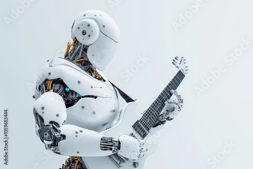 A solitary humanoid robot masterfully plays an electric guitar, combining futuristic design with musical artistry in a minimalistic and tech-enhanced environment. photo