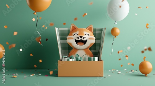 Obraz na płótnie Animated smiling cat character in an open gift box surrounded by balloons and confetti on a green background. w salonie
