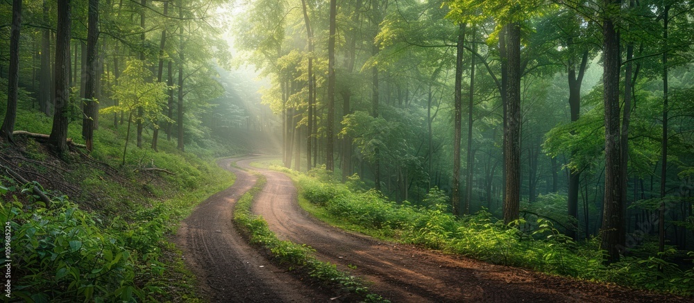 Obraz premium Enchanting Winding Forest Path with Soft Dappled Sunlight Streaming Through the Lush Green Foliage Serene and Peaceful Scenic Landscape in a Remote Countryside Woodland Setting