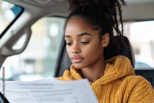 A young woman sits in a car, focused on reading paperwork, capturing a moment of concentration and contemplative thought in a modern context.