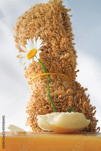 Still life with soap, washcloth and chamomile on light backdrop. photo