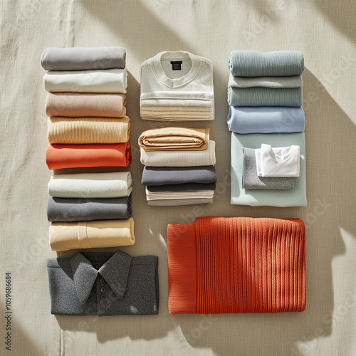 Neatly folded sweaters and shirts arranged in a color-coordinated pattern on a fabric background photo