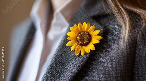 A young woman advocates for invisible disabilities with a sunflower brooch on her suit during Invisible Disability Awareness Week photo