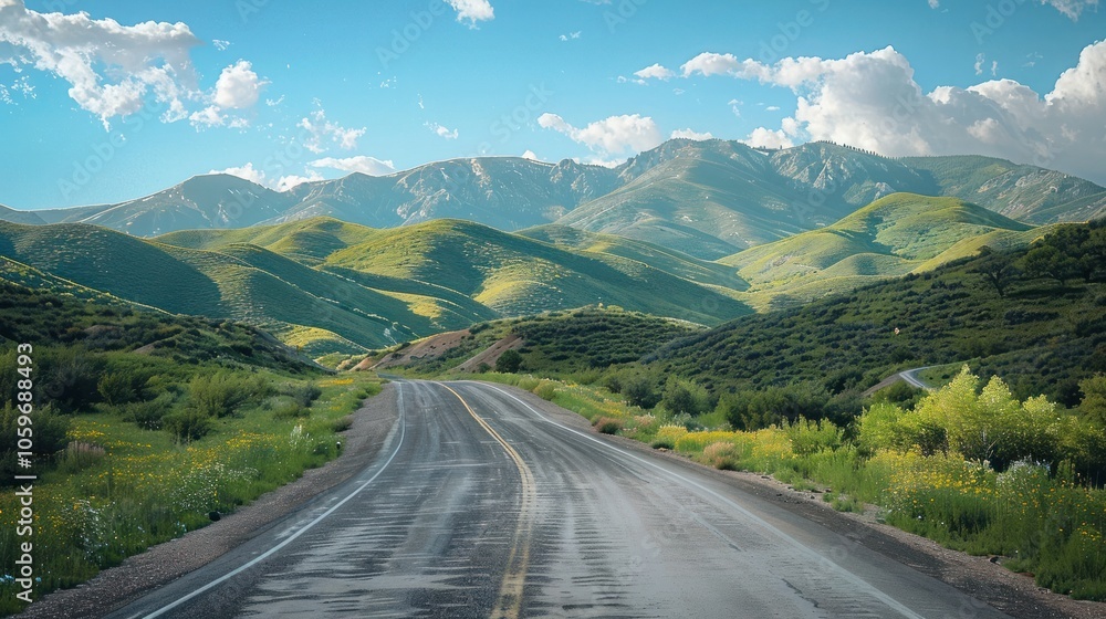 Fototapeta premium Winding asphalt highway cutting through a majestic mountainous landscape with lush green meadows rolling hills and rugged peaks in the distance under a bright blue sky with fluffy white clouds