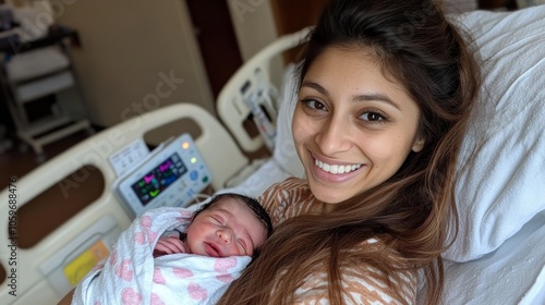 New mother smiles brightly while cradling her newborn baby in a hospital bed shortly after childbirth photo