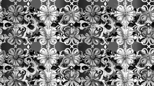 Seamless gray patterned design featuring ornate Portuguese decorative tiles and Moroccan arabesques perfect for textile and wallpaper applications