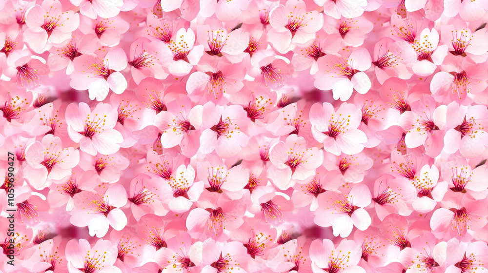Fototapeta premium Seamless pattern of vibrant cherry blossoms in full bloom with delicate hanafubuki ideal for spring themed designs