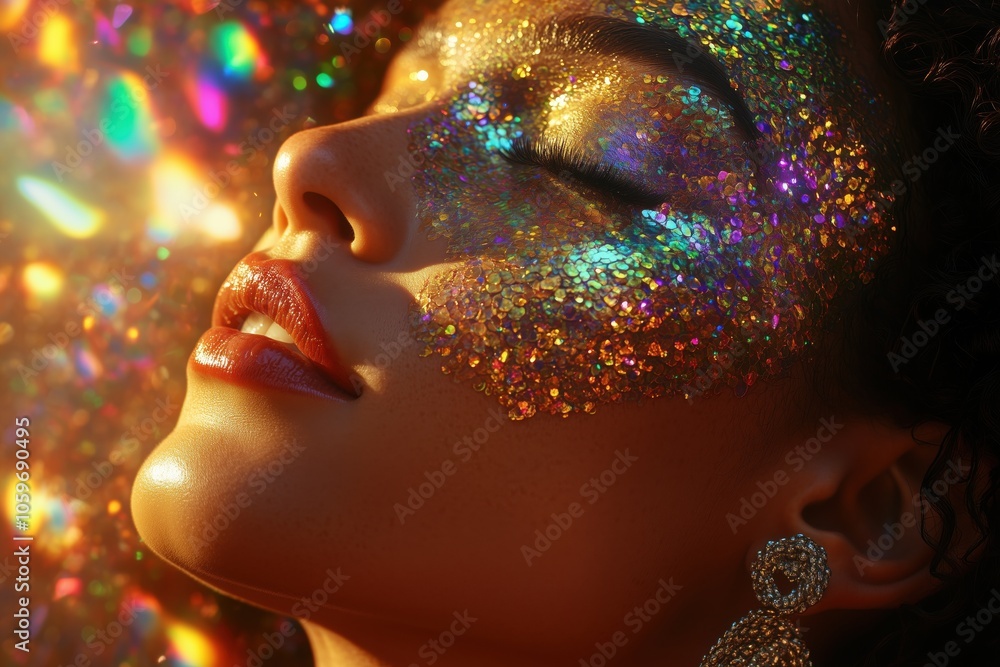 Close-up of a woman with glitter makeup, looking serene against a warm bokeh background Close-up of a woman with glitter makeup, looking serene against a warm bokeh background