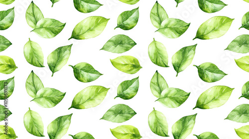 Seamless pattern of vibrant green watercolor sunflower leaves on a clean white backdrop perfect for textile and stationery design