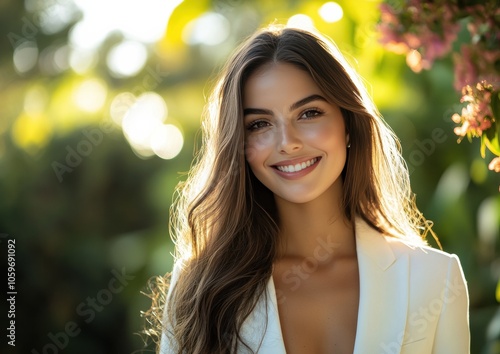 Woman in a white business suit is smiling confidently while standing outdoors. Background is soft blur of green trees and natural light, creating calm and professional atmosphere.