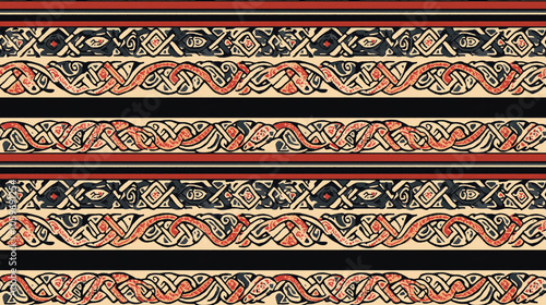 Seamless hand drawn pattern featuring traditional Celtic and Balto Slavic designs perfect for ethnic home decor and textile applications stripes print ethnic design photo