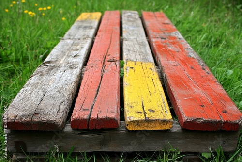 A close-up of a weathered wooden bench with red, yellow, and gray paint. photo