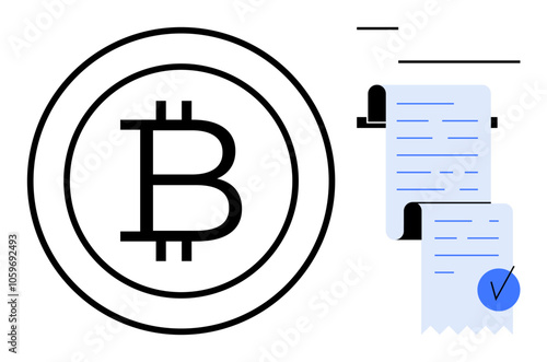 A large Bitcoin symbol is next to an invoice or receipt with a blue checkmark, indicating payment validation. Ideal for cryptocurrency transactions, fintech, digital payments, blockchain technology