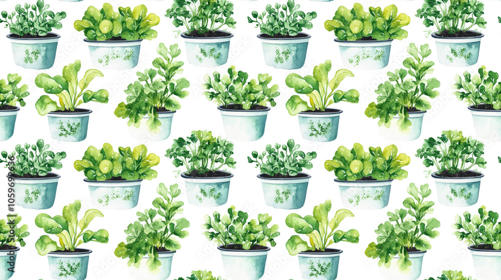 Fototapeta premium Watercolor illustration of hydroponic systems for home gardening showcasing automatic watering technology in a seamless pattern