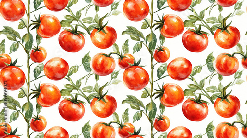 Seamless pattern of vibrant watercolor tomatoes on the vine highlighting their rich red hues and natural beauty ideal for culinary and gardening design projects