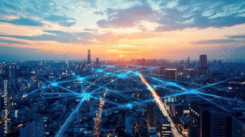 Wallpaper Mural A futuristic cityscape at sunset with glowing lines connecting buildings, symbolizing a connected world. Torontodigital.ca