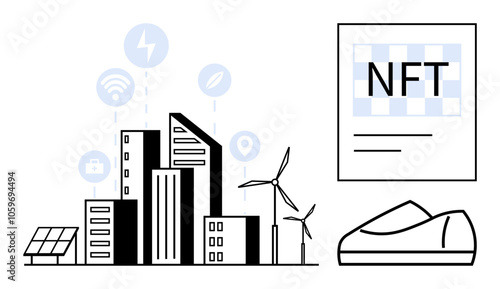 Modern cityscape with skyscrapers, solar panel, wind turbines, and connectivity icons. Featured NFT asset alongside smart shoe design. Ideal for smart city planning, renewable energy, digital assets