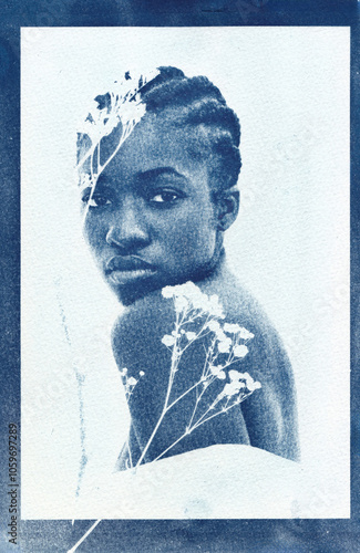 Cyanotype portrait of woman with floral overlay