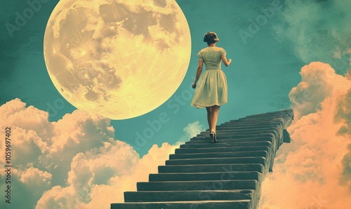 Woman in retro style climbs the stairs to the stars, stairway to the sky, achieving goals, dreams and making dreams come true, contemporary art collage, retro, vintage style