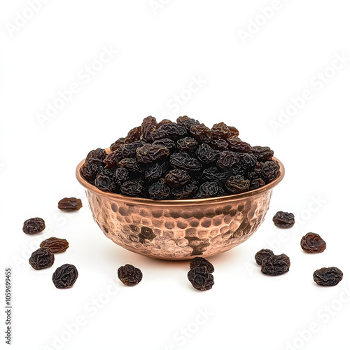 black raisins with seeds (sultana), dried fruits. dried black raisins in a copper bowl, scatchered raisins around a copper bowl of raisins highlighted by white, minimalism, png photo