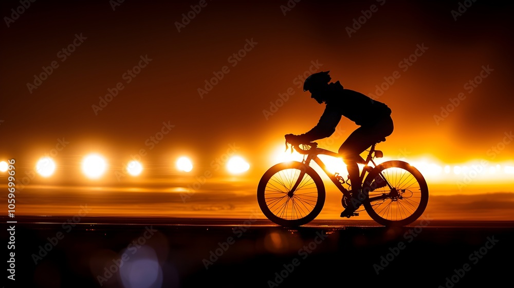 Obraz premium Cyclists taking a break on a foggy night, resting by their bikes on a dimly lit highway, the surreal glow of streetlights cutting through the mist