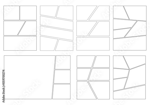 Set of templates for manga comic panels. Comic or Manga background frames and panels, designed for use by mangaka or comic artists. Backgrounds for comics or manga.