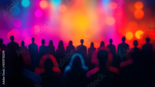 Abstract silhouettes of theatergoers, colorful spotlights reflecting, blurry concert stage in background, soft bokeh, psychedelic effect, vibrant hues