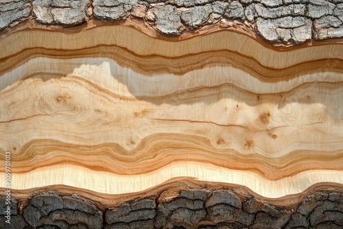 Close-up of a tree trunk with a section of the bark peeled back, revealing the intricate grain of the wood. photo