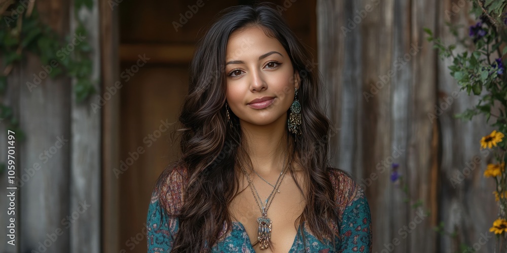 Fototapeta premium Beautiful Young Woman with Long Hair Posing in a Rustic Setting