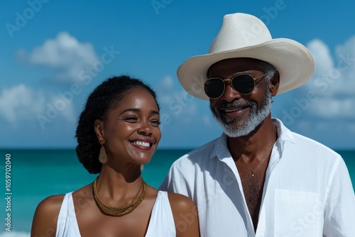 An elder couple exudes joy as they enjoy a tropical beach day, dressed in light garments, capturing the essence of love, relaxation, and connection. photo