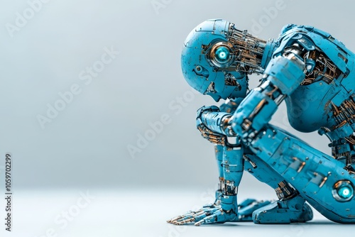 A mechanical humanoid in a thoughtful crouch, suggests introspection and self-awareness, merging futuristic design with emotional depth in a striking visual statement. photo