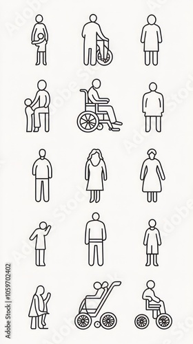 Collection of Simple Icons Representing People of Different Ages and Abilities