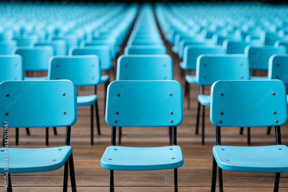 Fototapeta premium A captivating image featuring numerous aqua-colored chairs arranged in rows, forming a mesmerizing optical illusion of depth and perspective, creating a serene atmosphere.