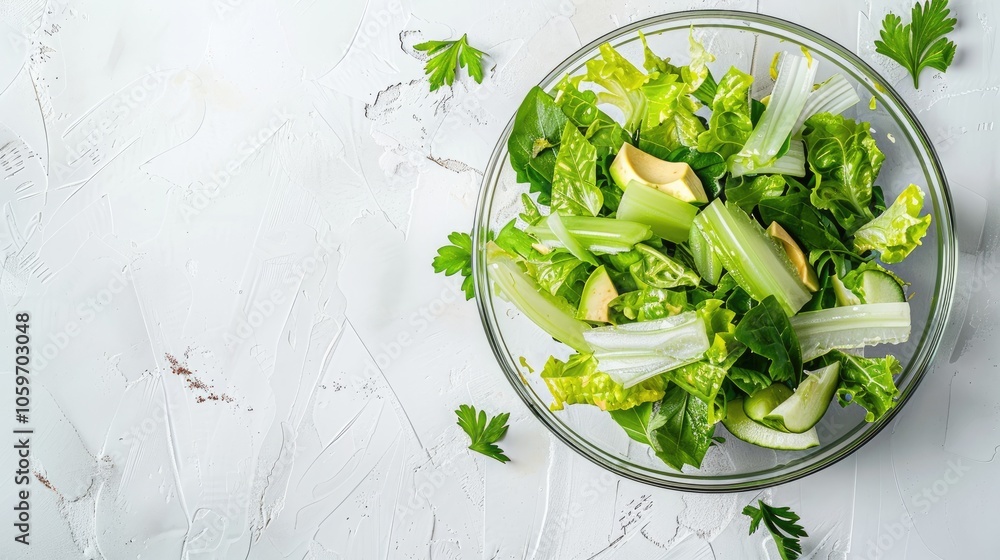 Obraz premium Salad with romaine, celery, and avocado in a glass bowl on white table, top view, empty space