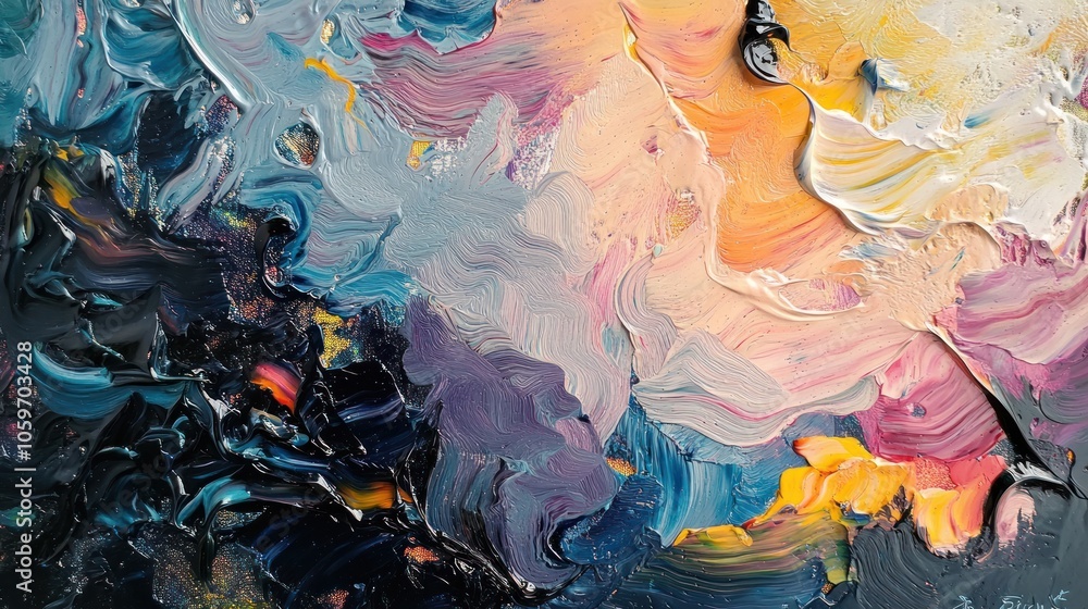 Abstract art painting with blue, purple, yellow, and orange colors with thick brushstrokes. Abstract art painting with blue, purple, yellow, and orange colors with thick brushstrokes.