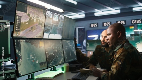 Canvas Print Army officers doing brainstorming in command center, looking at intel folder files